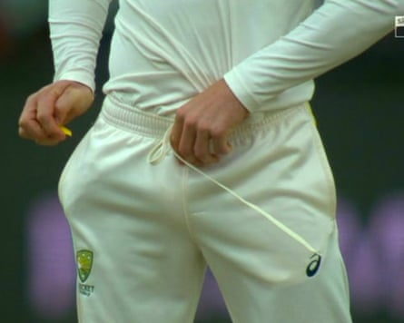 Cameron Bancroft caught on camera taking a small piece of yellow material from his right hip pocket in 2018.Photograph: Sky Sports