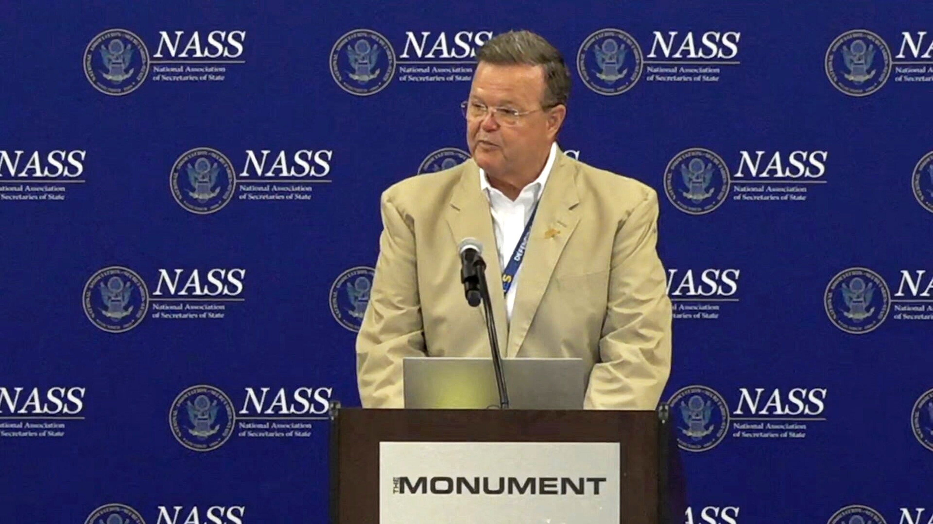 West Virginia Secretary of State Kris Warner speaks at the summer meeting of the National Association of Secretaries of State summer conference in Rapid City, South Dakota on Wednesday, July 15, 2026.ABC News