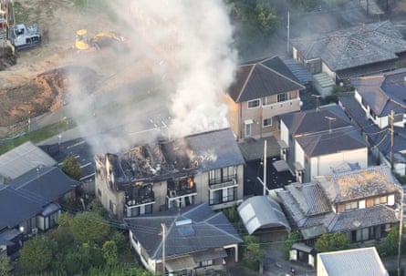 A house on fire in Yatsushiro, Japan, on Tuesday after the quake hit.Photograph: Kyodo/Reuters