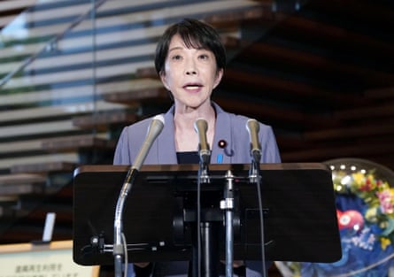 Japan’s prime minister, Sanae Takaichi, speaks to the media at her official residence in Tokyo on Tuesday.Photograph: Kyodo/Reuters