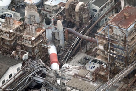 A smokestack at Nippon Paper Industries’ Yatsushiro mill collapsed in the 6.8m-magnitude earthquake.Photograph: Kyodo News/AP