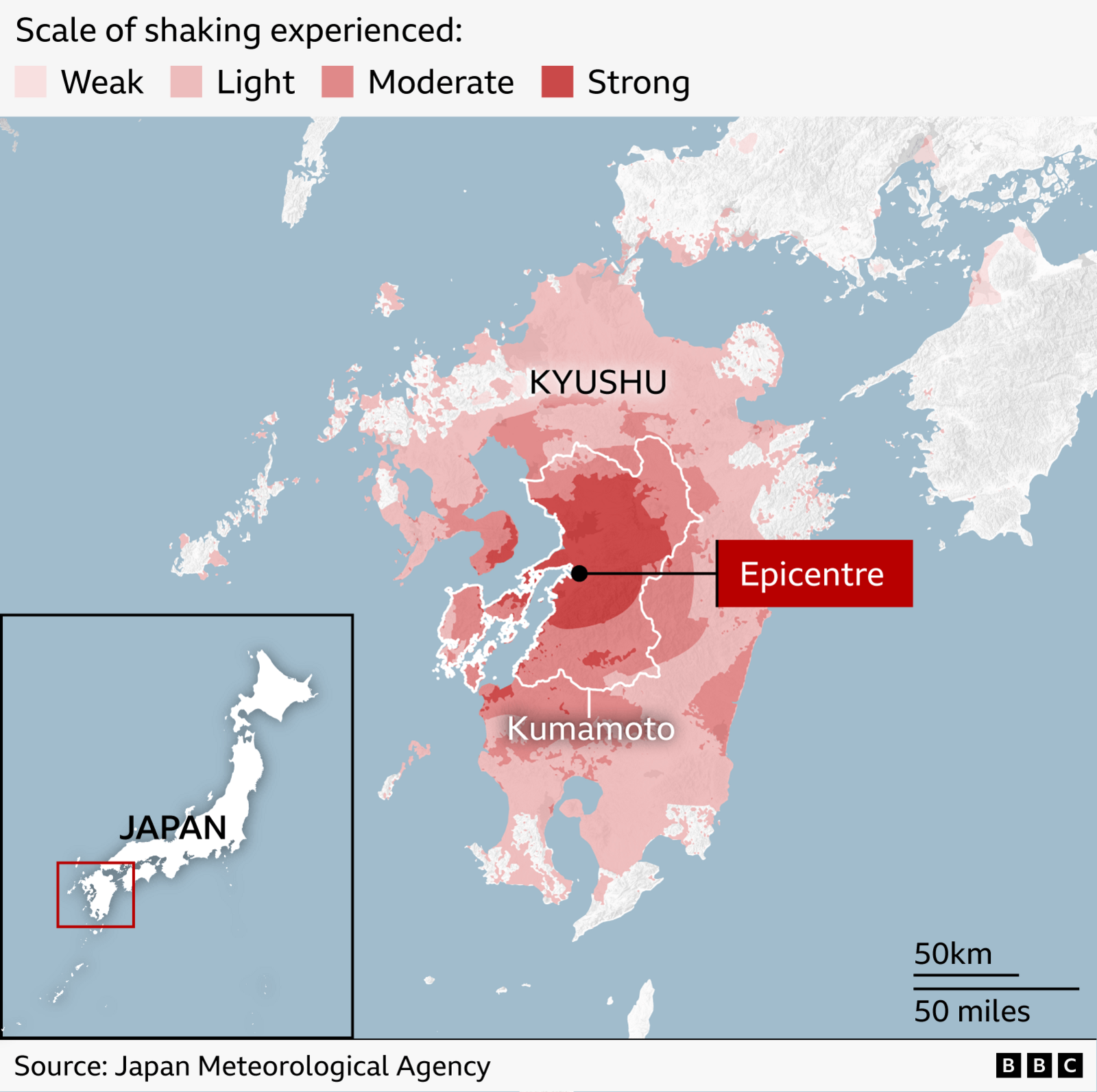 Image caption,A map of the epicentre of the earthquake in Kumamoto prefecture on Kyushu island