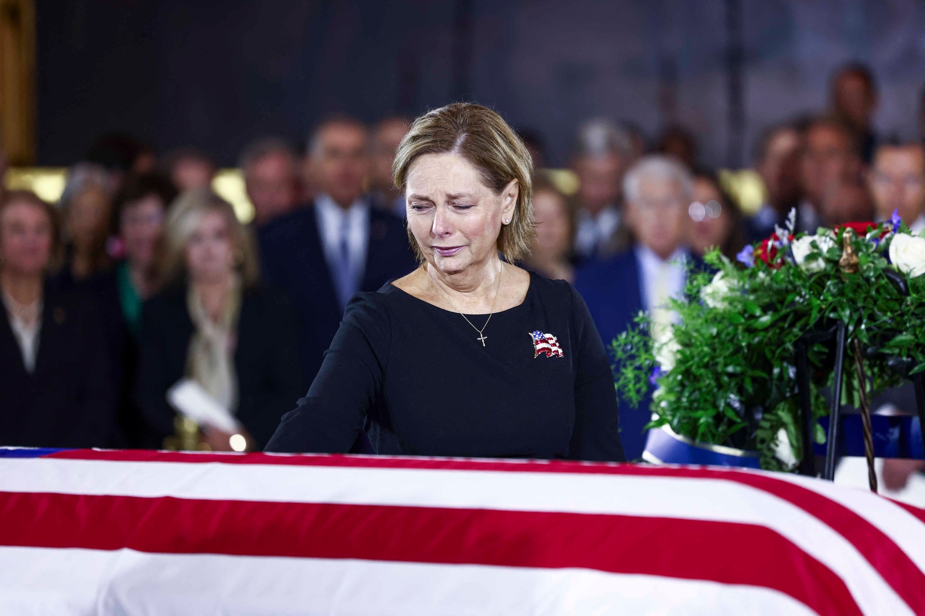 President Donald Trump, Vice President JD Vance, Treasury Secretary Scott Bessent, Eric Trump, Lara Trump stand behind the coffin of Sen. Lindsey Graham during his funeral service at the Washington National Cathedral, July 28, 2026 in Washington.Andrew Harnik/Getty Images