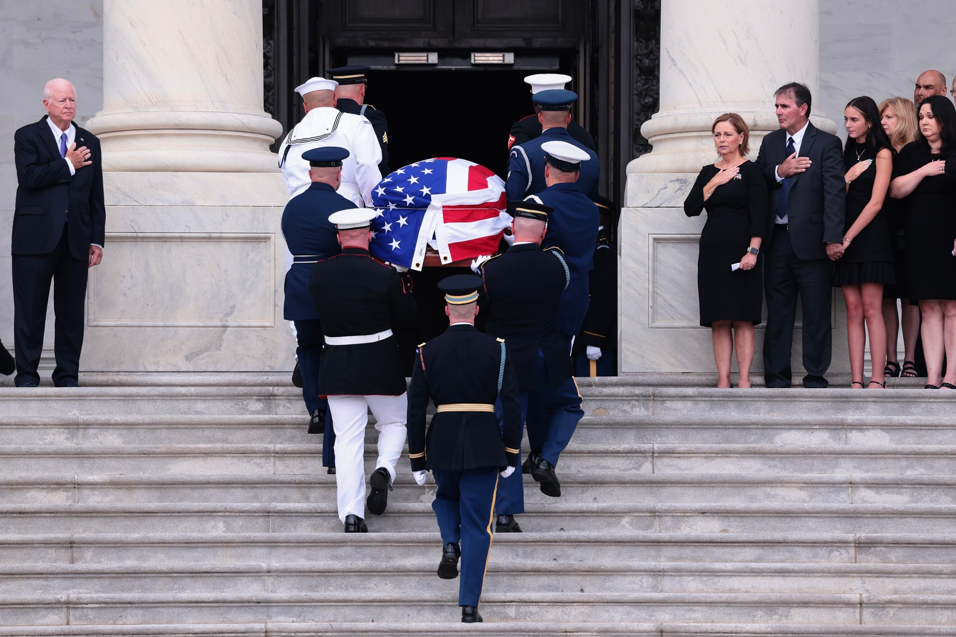 Sen. Darline Graham Nordone pays her respects over the casket during a memorial tribute for her brother, the late U.S. Sen. Lindsey Graham in the Rotunda of the U.S. Capitol, July 28, 2026 in Washington.Jim Lo Scalzo/Pool/AFP via Getty Images
