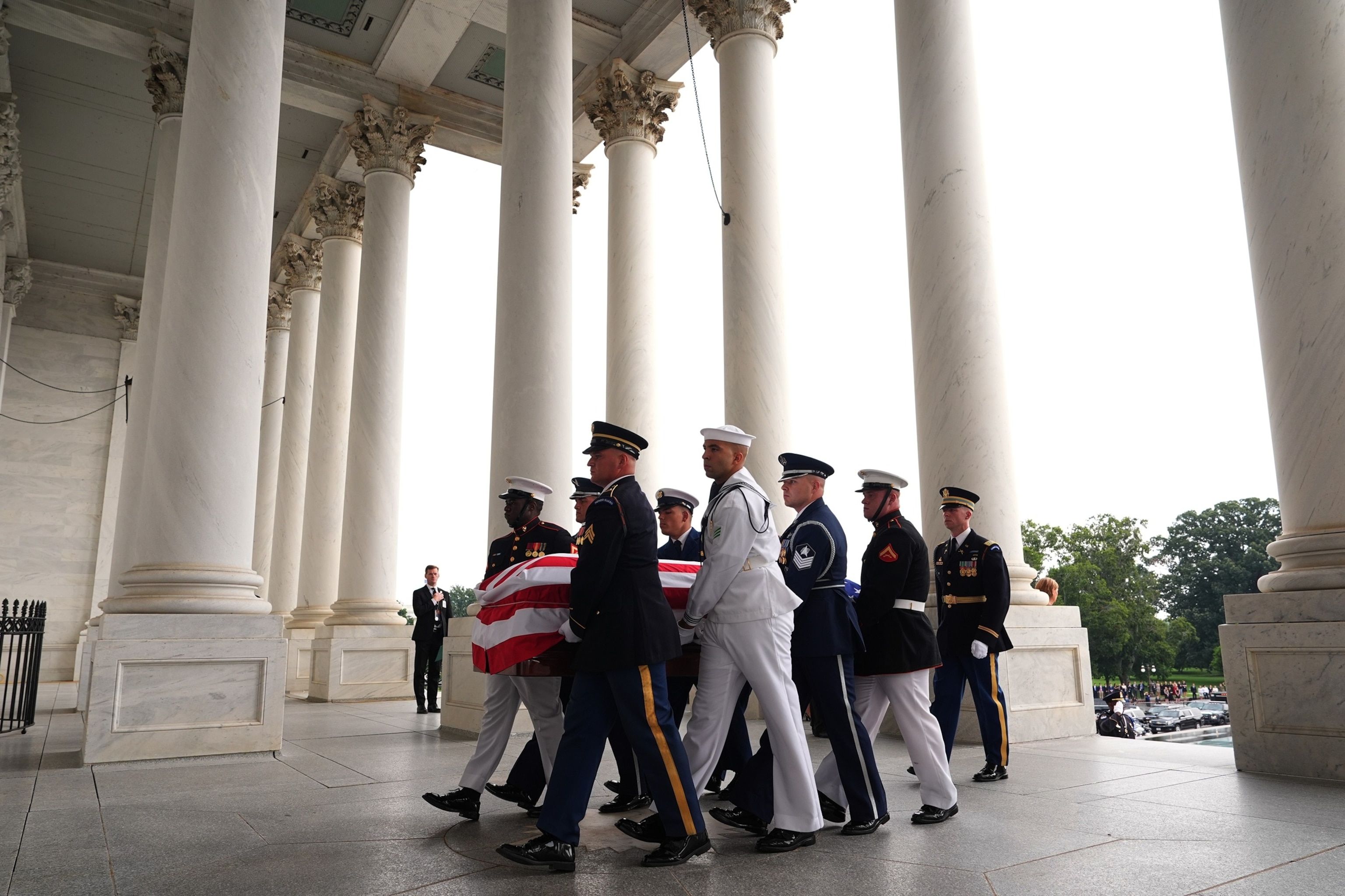 U.S. military joint force pallbearers carry the flag-draped casket of the late U.S. Senator Lindsey Graham into the rotunda of the U.S. Capitol in Washington, July 28, 2026.Kylie Cooper/Reuters