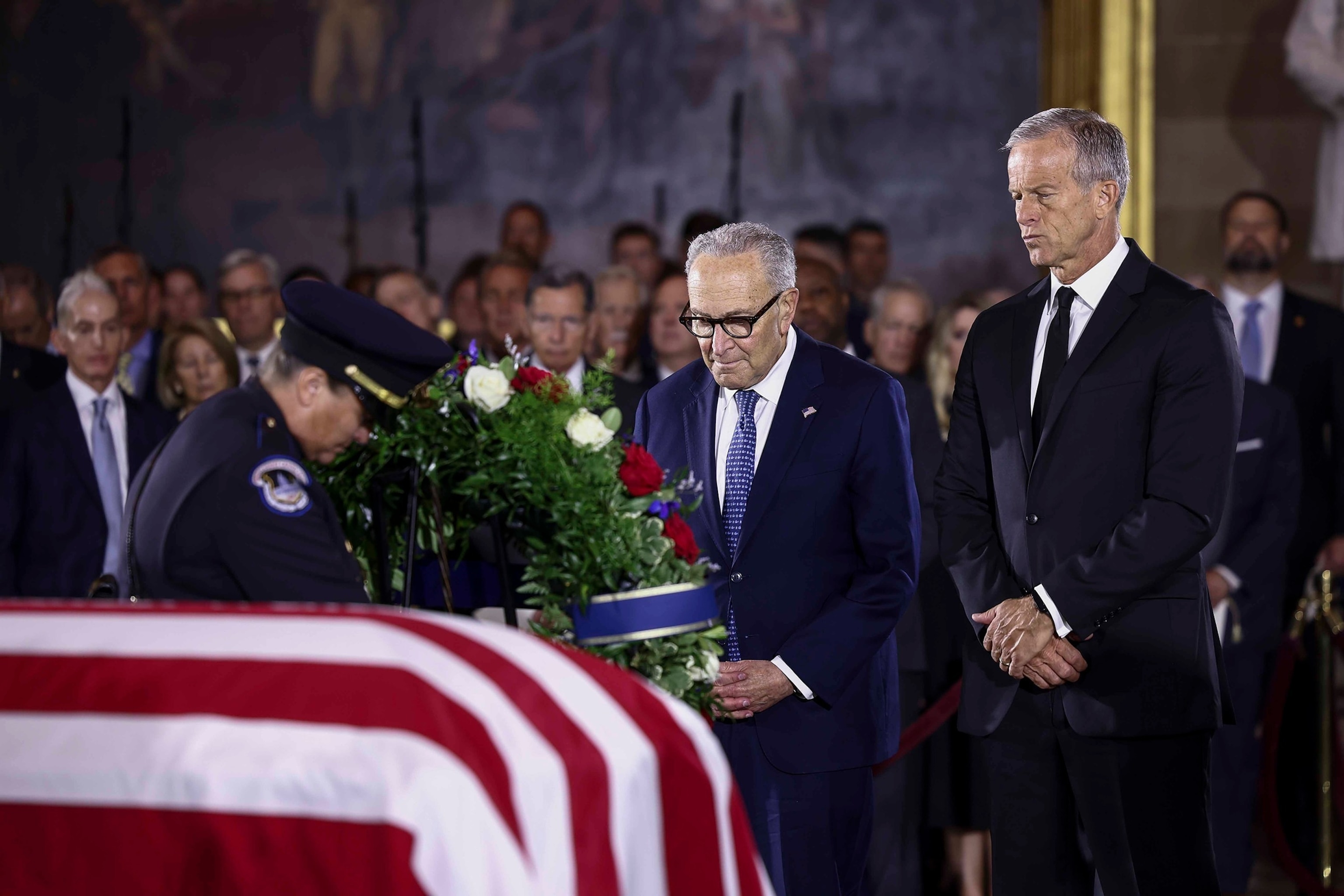 Senate Minority Leader Chuck Schumer and Senate Majority Leader John Thune lay a wreath at the casket during a Congressional Tribute to the late U.S. Senator Lindsey Graham in the Rotunda of the U.S. Capitol, July 28, 2026 in Washington.Jim Lo Scalzo/Pool via Getty Images