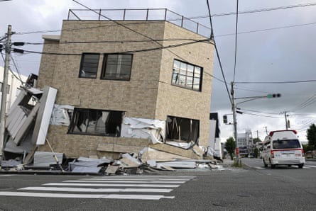 An aerial view shows a collapsed chimney at Nippon Paper Industries’ Yatsushiro paper mill after the earthquake.Photograph: KYODO/Reuters