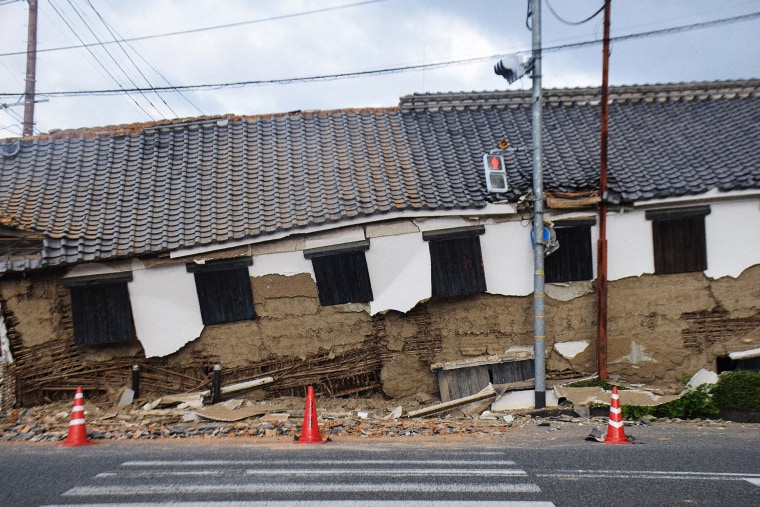 Damage is seen to part of the compound of the Shohinken gardens in Yatsushiro, Japan, on Wednesday.JIJI Press/AFP via Getty Images