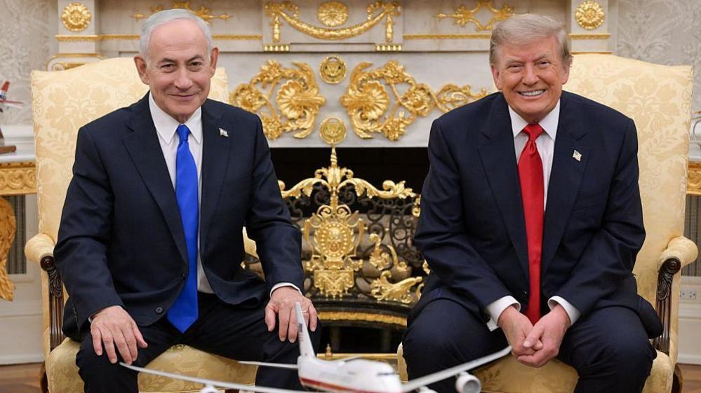 Image caption,A photograph of Netanyahu and Trump meeting in the White House was shared on the former's X account