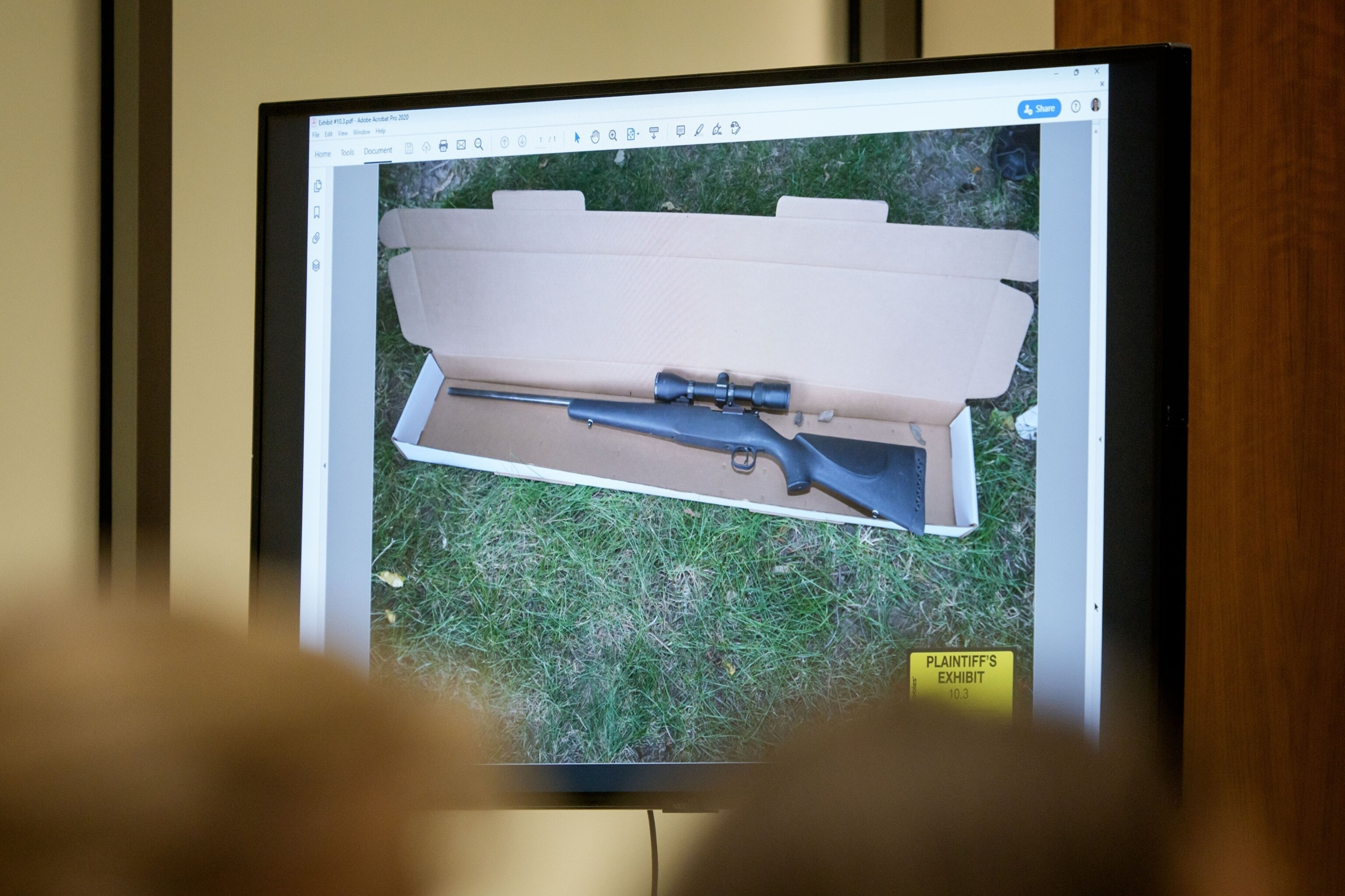 An image of a rifle that prosecutors say was recovered by investigators near Utah Valley University is displayed, July 9, 2026, during a preliminary hearing for Tyler Robinson, who is accused in the fatal shooting of Charlie Kirk.Pool/Getty Images