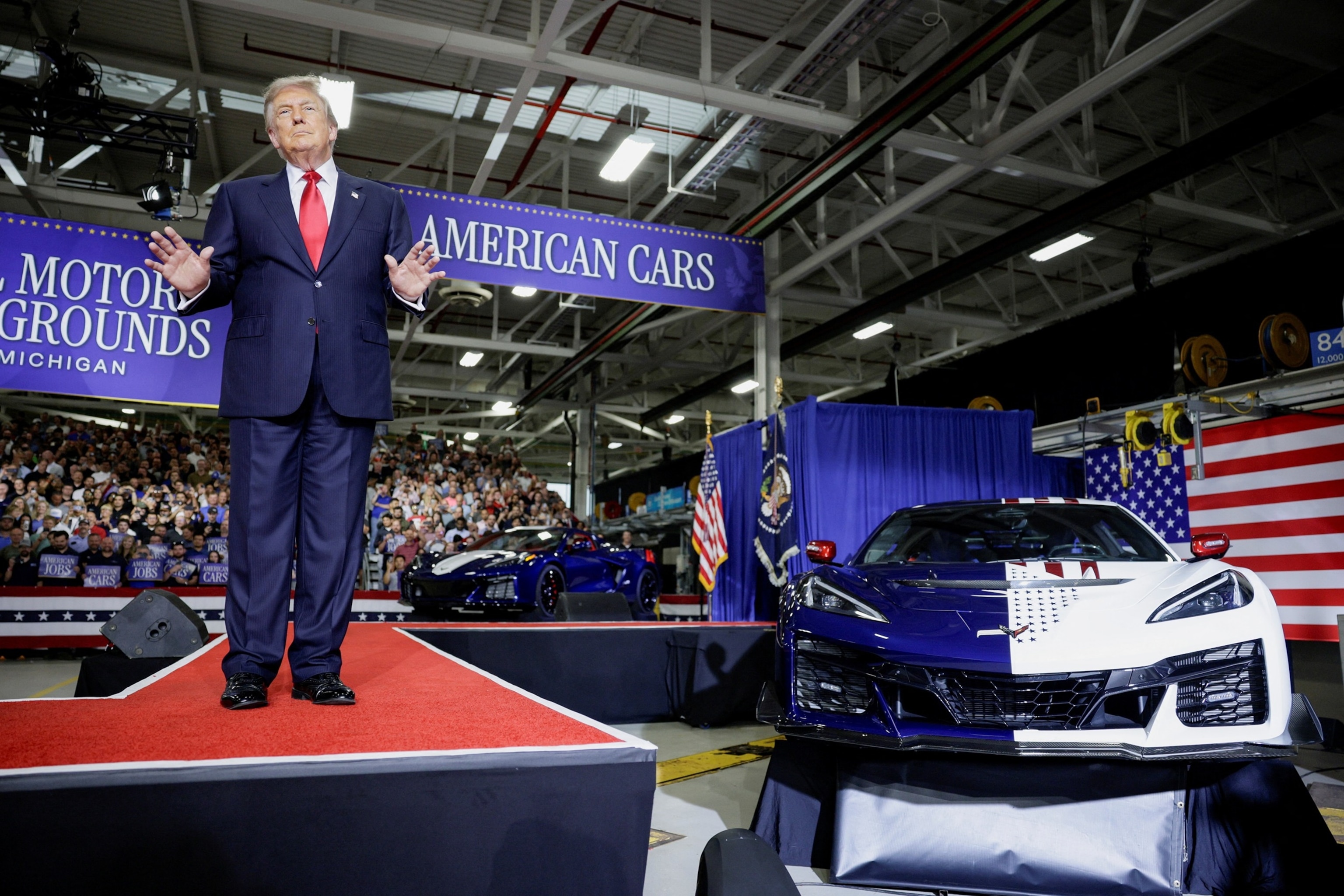 President Donald Trump delivers remarks during an event at the General Motors Milford Proving Ground in Milford, Michigan, July 27, 2026.Evan Vucci/Reuters