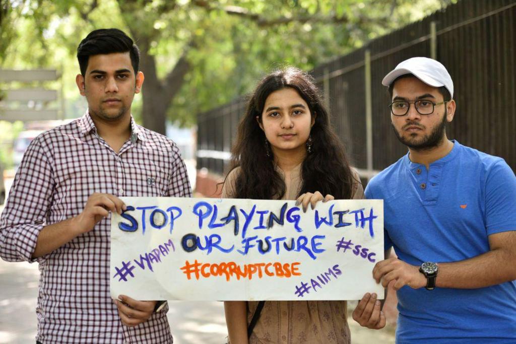 Image caption,Students protest against a school exam paper leak in Delhi in 2018 - India has been been long plagued by such scandals