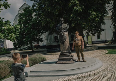 A bust of Ivan Mazepa, who is being reclaimed as a hero after being portrayed by Russia as a traitor, in Kyiv’s Pechesk Lavra monastery.Photograph: Alessio Mamo/The Guardian