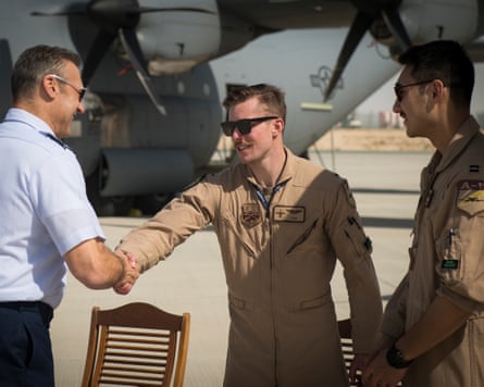 Capt Jacob Wulfson, centre, pictured at the Dubai airshow in 2019.Photograph: Tech Sgt Joseph Pick/US air forces central