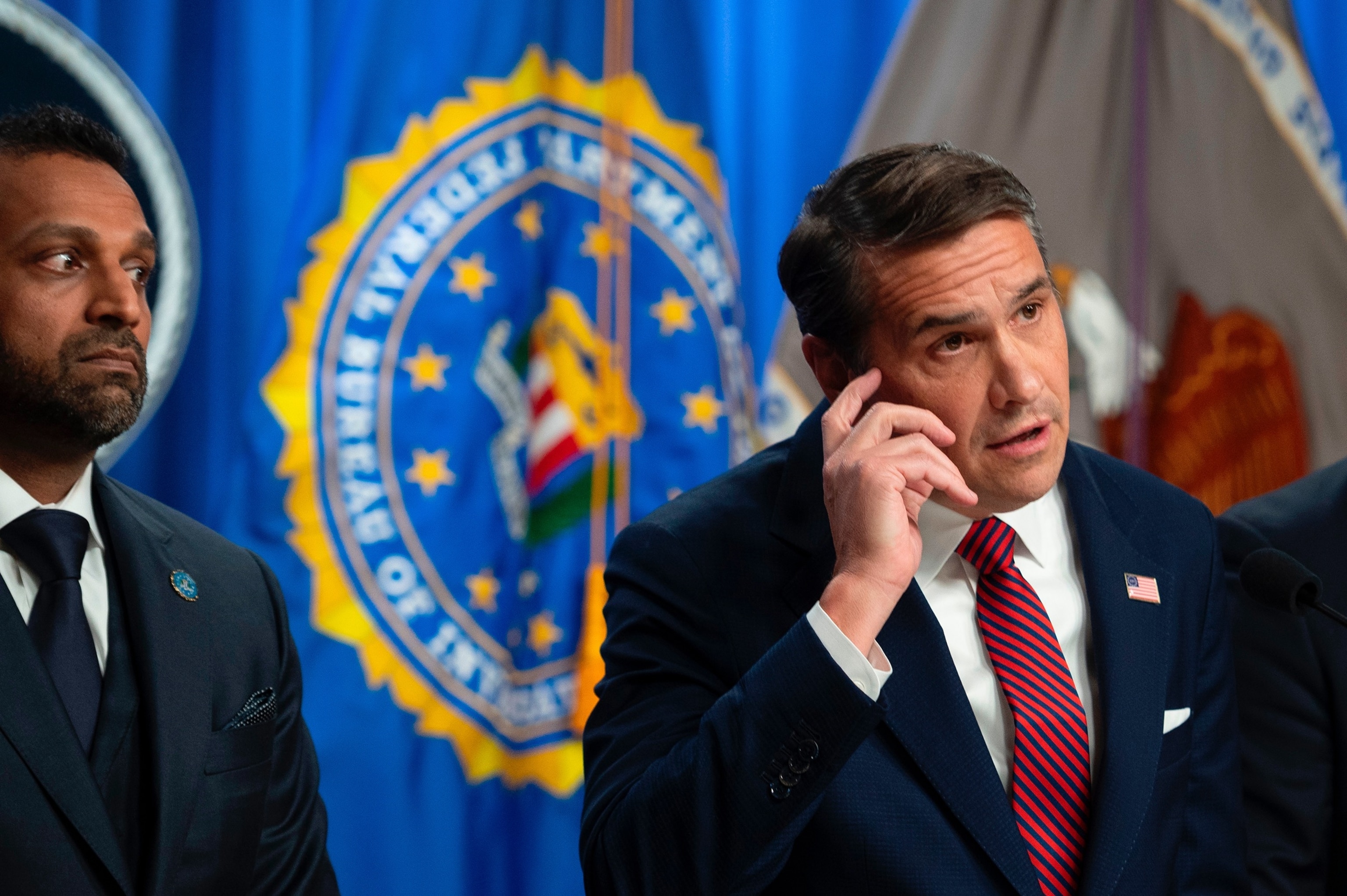 FBI Director Kash Patel, left, looks on as Acting Attorney General Todd Blanche announces that former FBI Director James Comey has been indicted, at the Justice Department in Washington, Tuesday, April 28, 2026.Cliff Owen/AP