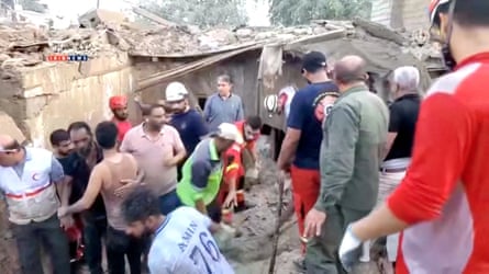Screengrab from a video showing rescuers clearing rubble to search for victims after a strike in Qeshm, Iran.Photograph: IRIB/Reuters