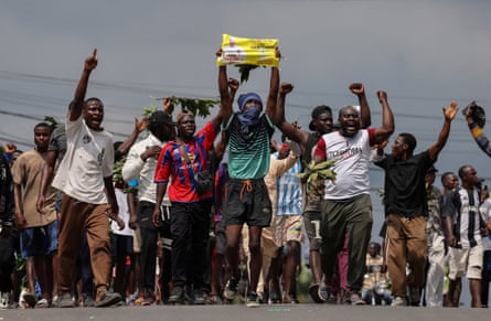 Supporters of the opposition politician Issa Tchiroma protest in Douala after Biya’s re-election in October last year.Photograph: Zohra Bensemra/Reuters