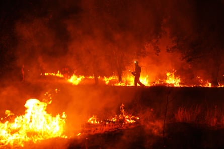 Firefighters use controlled burning to halt a wildfire near Cebreros, Ávila province, Spain.Photograph: Manu Fernández/AP