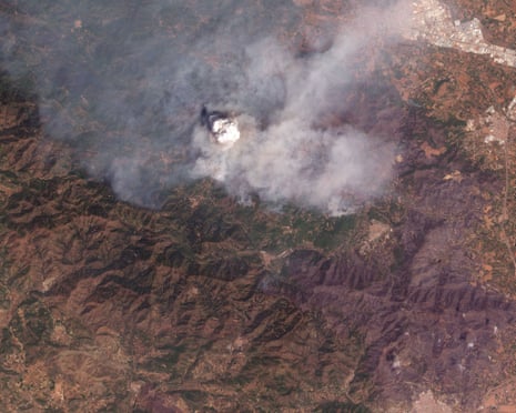 A towering pyrocumulus in Castellón province, Spain.Photograph: 2026 Planet Labs PBC/Reuters