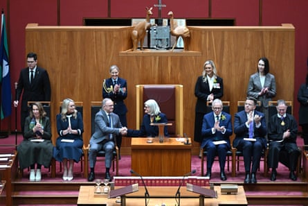 Governor-General of Australia Sam Mostyn shakes hands with Australian Prime Minister Anthony Albanese during the swearing in ceremony in the Senate chamber at Parliament House in CanberraPhotograph: Lukas Coch/AAP