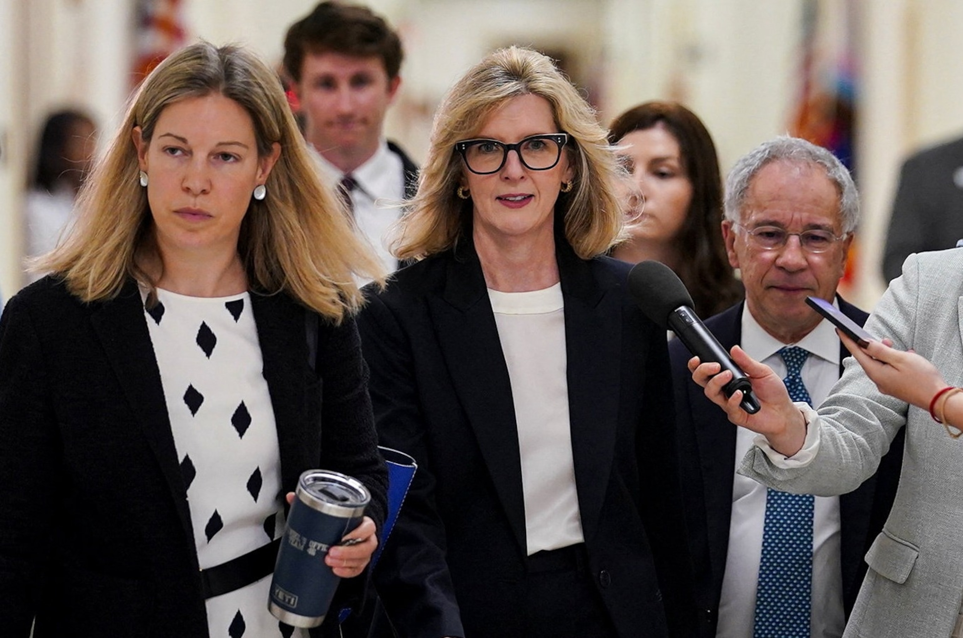 Kathy Ruemmler, former chief legal officer at Goldman Sachs, arrives for an interview before the House Oversight and Government Reform Committee over her ties to convicted sex offender Jeffrey Epstein, on Capitol Hill in Washington, July 15, 2026.Al Drago/Reuters