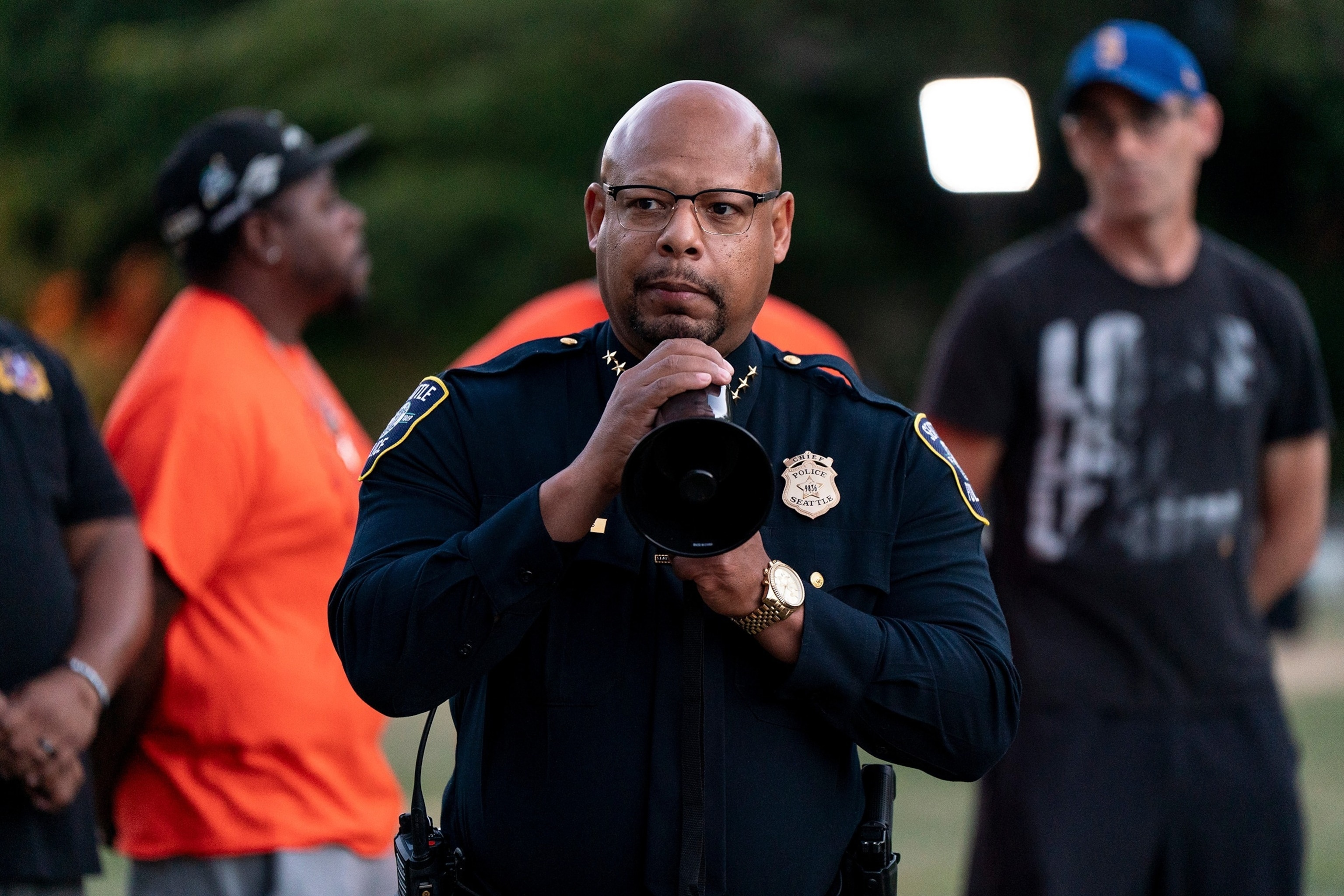 Seattle Police Chief Shon Barnes speaks during a vigil a day after the Bite of Seattle food festival shooting at Seattle Center on July 27, 2026 in Seattle, Washington.David Ryder/Getty Images