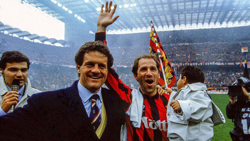 Image caption,In the 1993-94 season, Baresi and AC Milan manager Fabio Capello lifted a third consecutive Serie A title, the Champions League and the Supercoppa Italiana