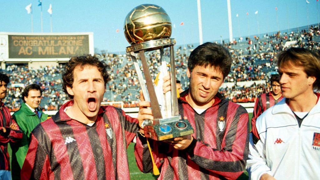Image caption,Franco Baresi and Carlo Ancelotti celebrate winning the Intercontinental Cup with AC Milan in 1989
