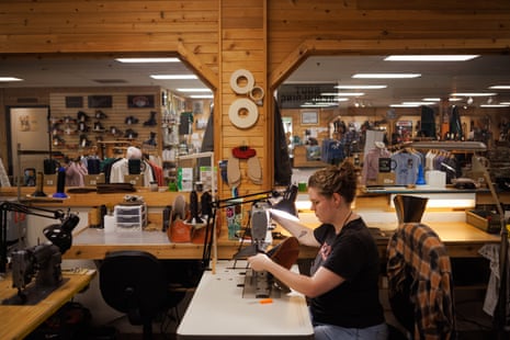 Amber Rogers stitches a motorcycle boot at the White’s Boots factory attached to the retail showroom in Spokane, Washington, on 21 July 2026.