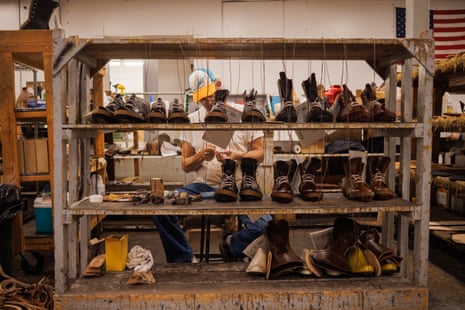 A worker assembles a boot at the White’s Boots factory in Spokane.
