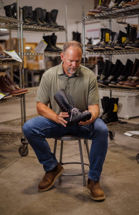 Eric Kinney on the factory floor of White’s Boots in Spokane.