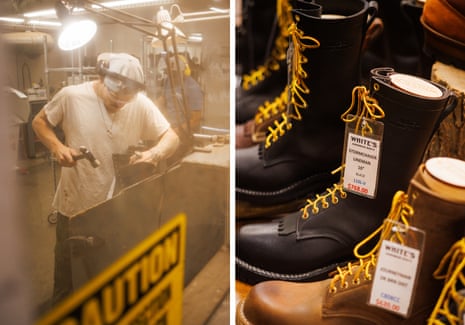 Left: A worker assembles a boot at the White’s Boots factory. Right: The White’s Boots retail store carries the company’s boots as well as other outdoor brands.