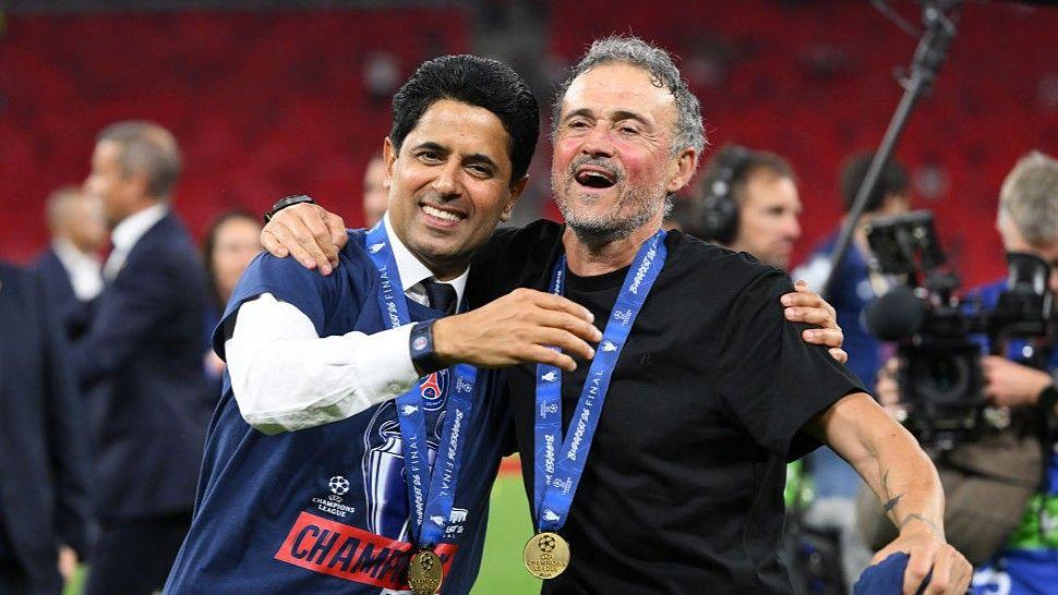 Image caption,PSG president Nasser Al-Khelaifi (left) with manager Luis Enrique after the Champions League final victory over Arsenal in May