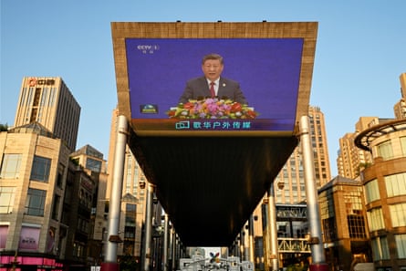 China’s president, Xi Jinping, speaks at the opening of the World Artificial Intelligence Conference in Beijing. China is making rapid advances in the semiconductors used to drive AI.Photograph: Greg Baker/AFP/Getty Images