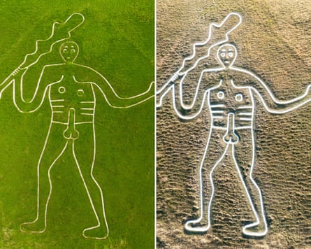 An ornate 17th-century garden design within the south lawn of Chatsworth House in Derbyshire has been revealed by the dry, hot weather.Photograph: Chatsworth House Trust/SWNS