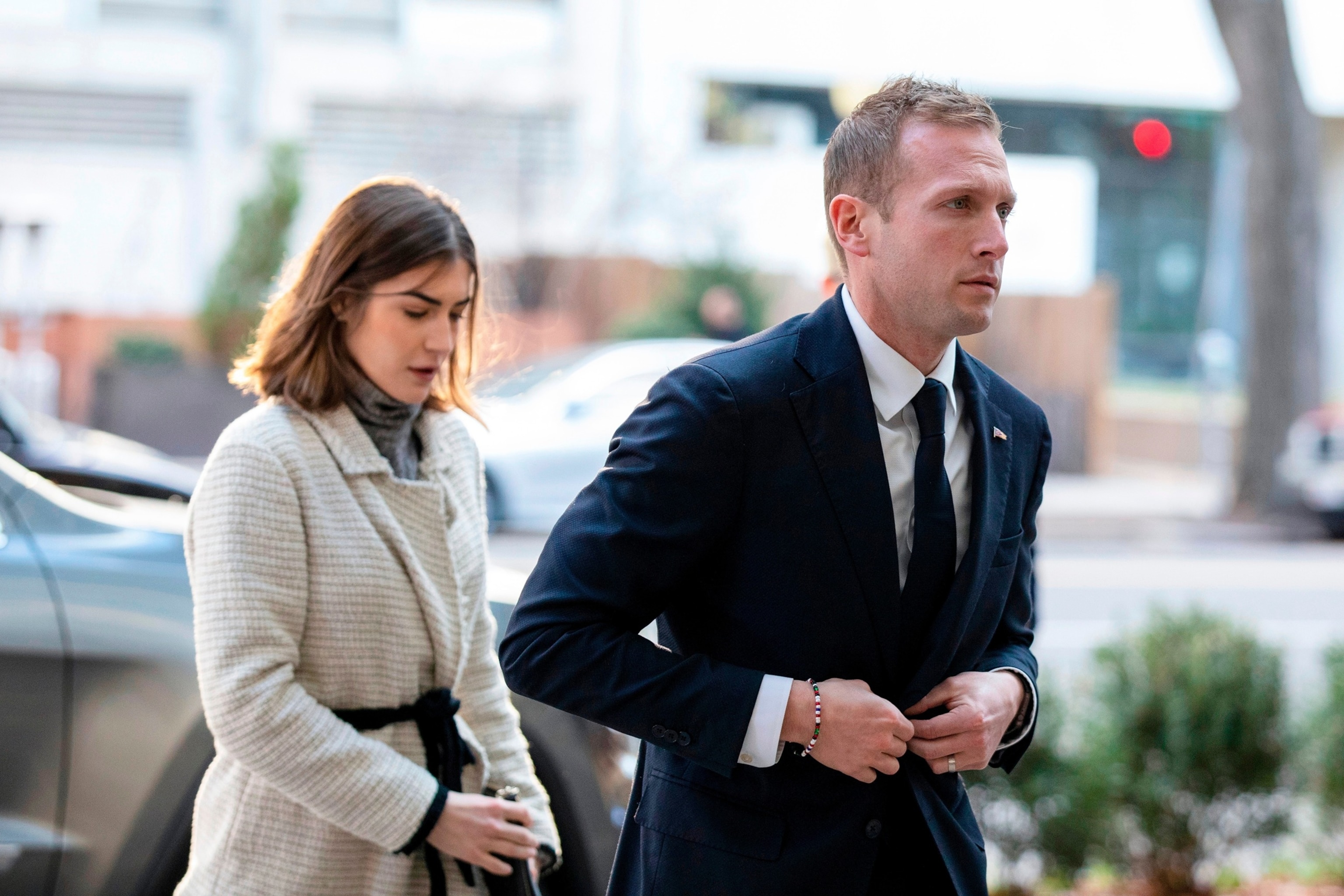 Then-Rep.-elect Max Miller, R-Ohio, arrives for new member orientation check-in and program registration with Emily Moreno in Washington, D.C., Nov. 13, 2022.Amanda Andrade-Rhoades/AP Photo