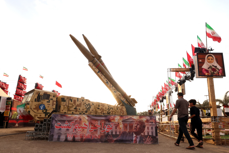 Iranian-made Zolfaghar missiles are displayed at Azadi Square in Tehran on Sunday.Atta Kenare / AFP via Getty Images