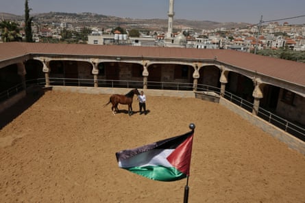 Ashraf Rabi on the farm where he breeds Arabian horses in Turmus Ayya. He is worried that settlers attacking the village could harm his horses.Photograph: Quique Kierszenbaum/The Guardian