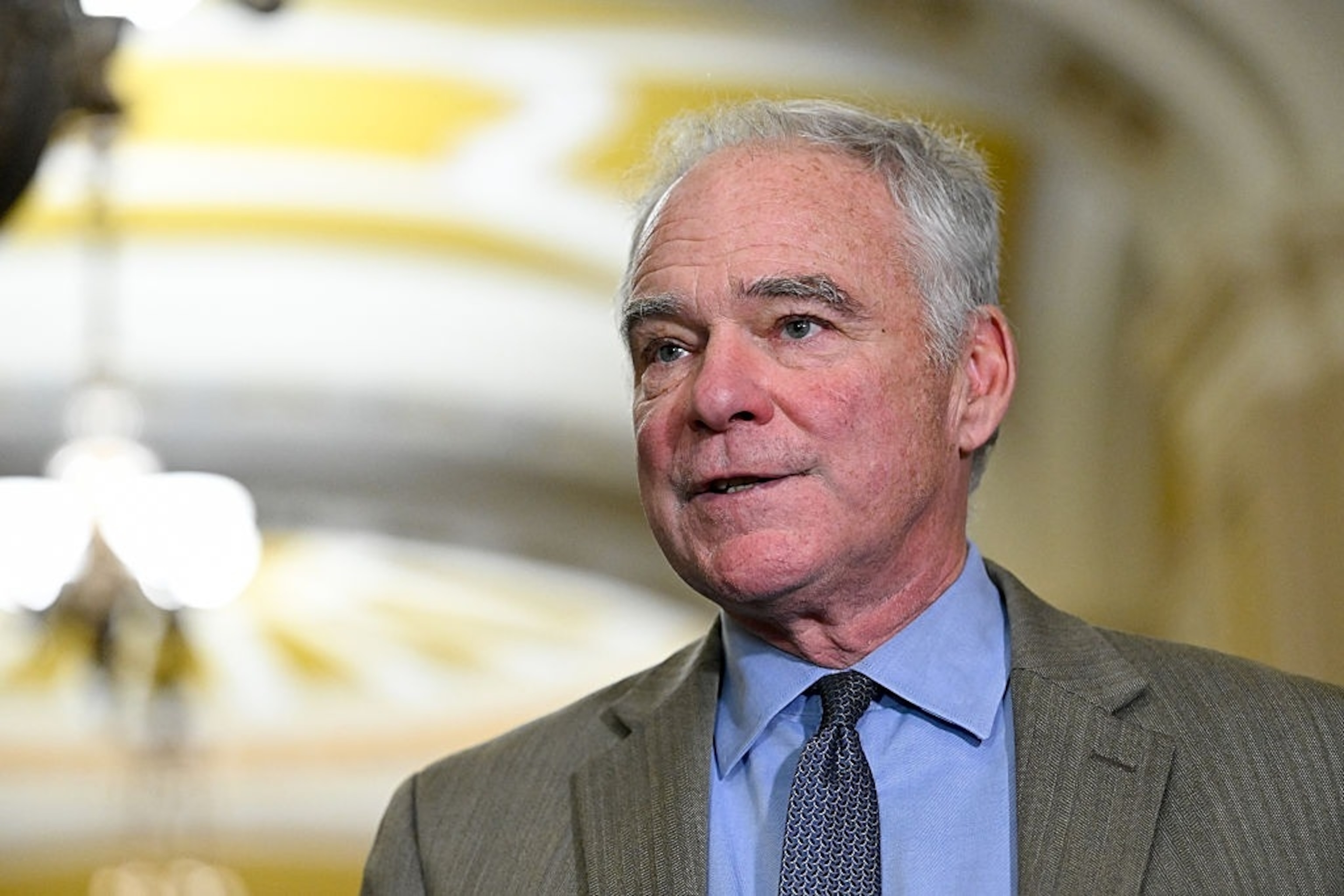 Senator Tim Kaine, a Democrat from Virginia, during a news conference following the weekly Senate Democrat policy luncheon at the US Capitol in Washington, DC, US, on Wednesday, July 15, 2026. Congressional Republicans are moving forward with a plan to ramp up spending on PresidentÂ Donald Trump's ongoing war with Iran despite the political risks of backing an unpopular military campaign that has spiked consumer prices.Bloomberg via Getty Images