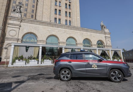According to Russia’s national anti-terrorism committee (NAC), an improvised explosive device detonated outside the entrance to the ‘Balzi Rossi’ restaurant in Kudrinskaya Square, on 1 August 2026.Photograph: Sergei Ilnitsky/EPA
