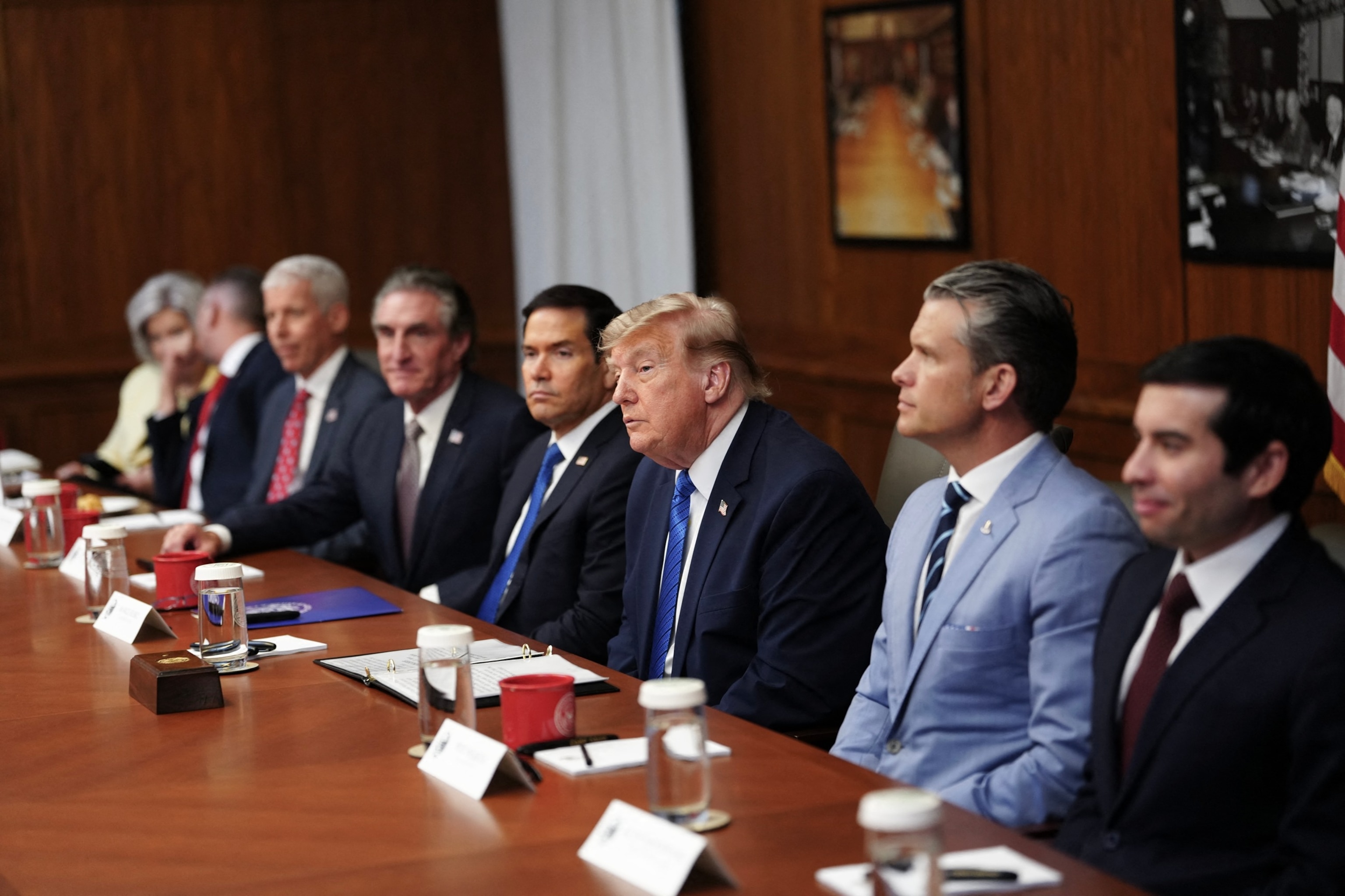 President Donald Trump listens to questions from reporters during a Cabinet meeting at Camp David, the presidential retreat, July 31, 2026 in Camp David, Maryland.Aaron Schwartz/AFP via Getty Images