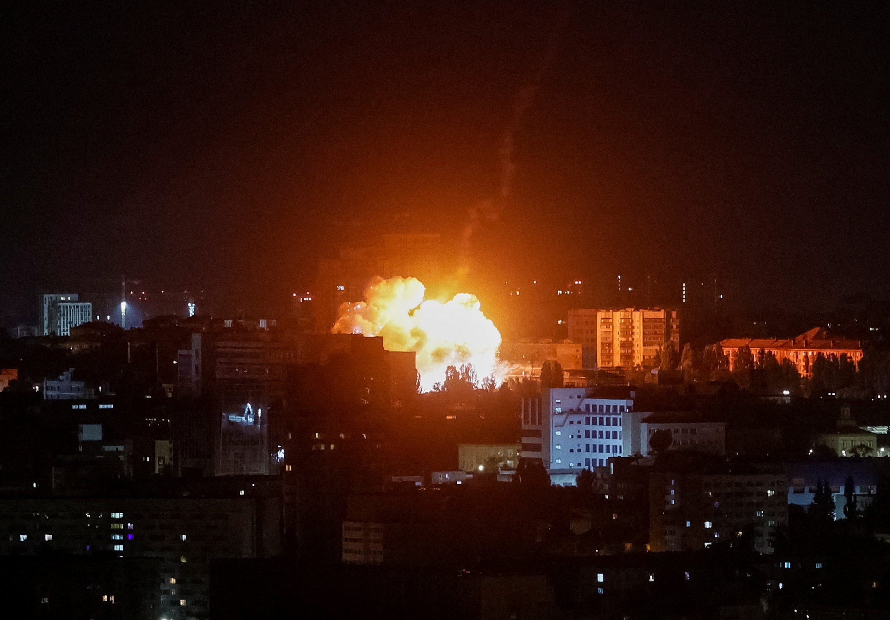 An explosion is seen in Kyiv, Ukraine, during a Russian missile and drone strike, on July 19, 2026.Gleb Garanich/Reuters