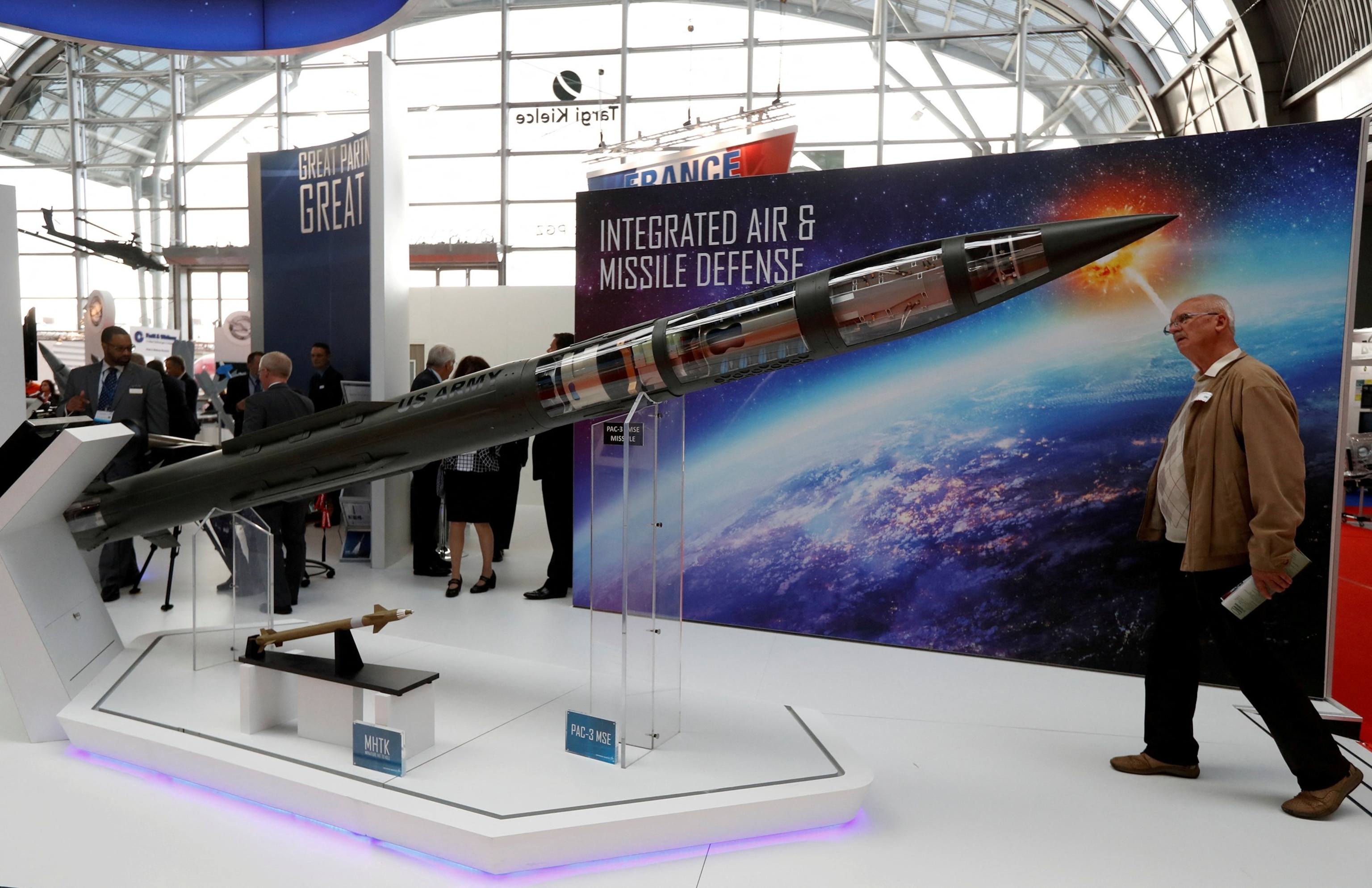 This file photo shows a man looking at a Patriot Advanced Capability (PAC-3) Missile Segment Enhancement (MSE) model made by Lockheed Martin at an international military fair in Kielce, Poland, on Sept. 7, 2017.Kacper Pempel/Reuters