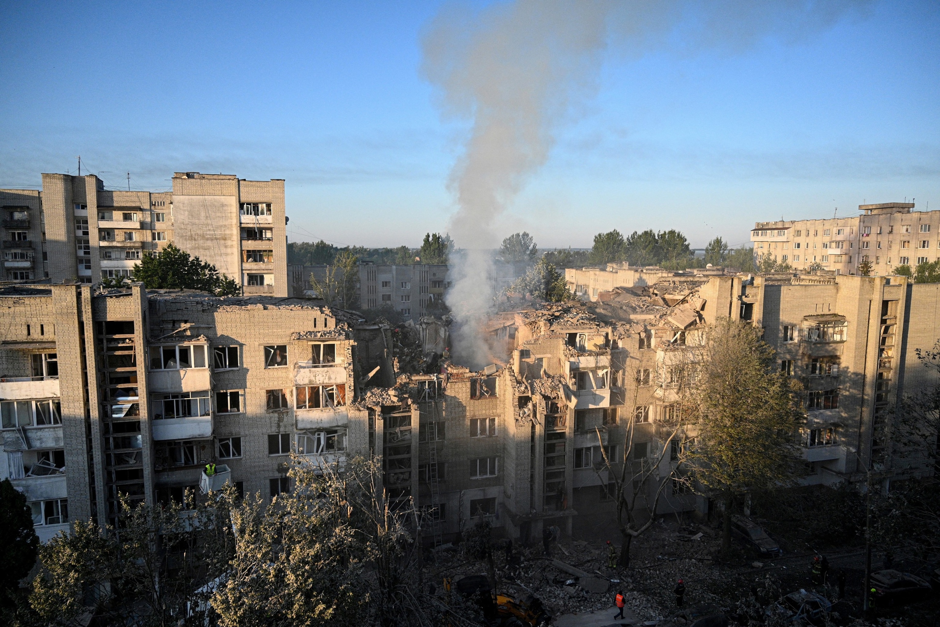 First responders operate at a residential building partially destroyed as a result of Russian missile strikes in the western Ukrainian city of Lviv on July 30, 2026.Yuriy Dyachyshyn/AFP via Getty Images