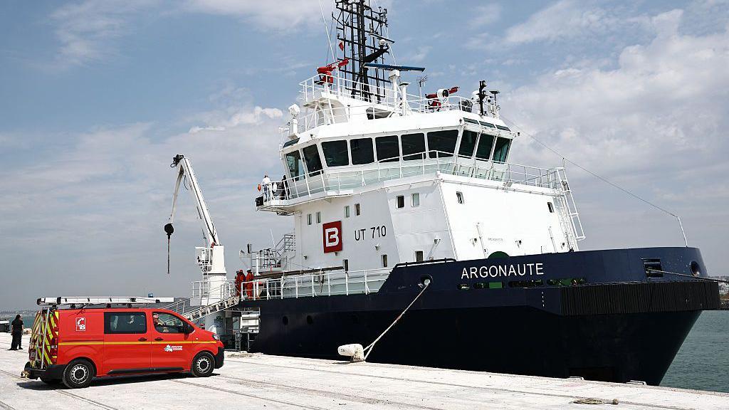 Image caption,The Argonaute, pictured after docking in Boulogne-sur-Mer, was one of two French ships involved in the rescue