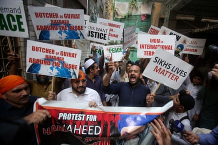 Members of the Sikh community in Peshawar, Pakistan, stage a protest in 2023 after the killing Hardeep Singh Nijjar.Photograph: Muhammad Sajjad/AP