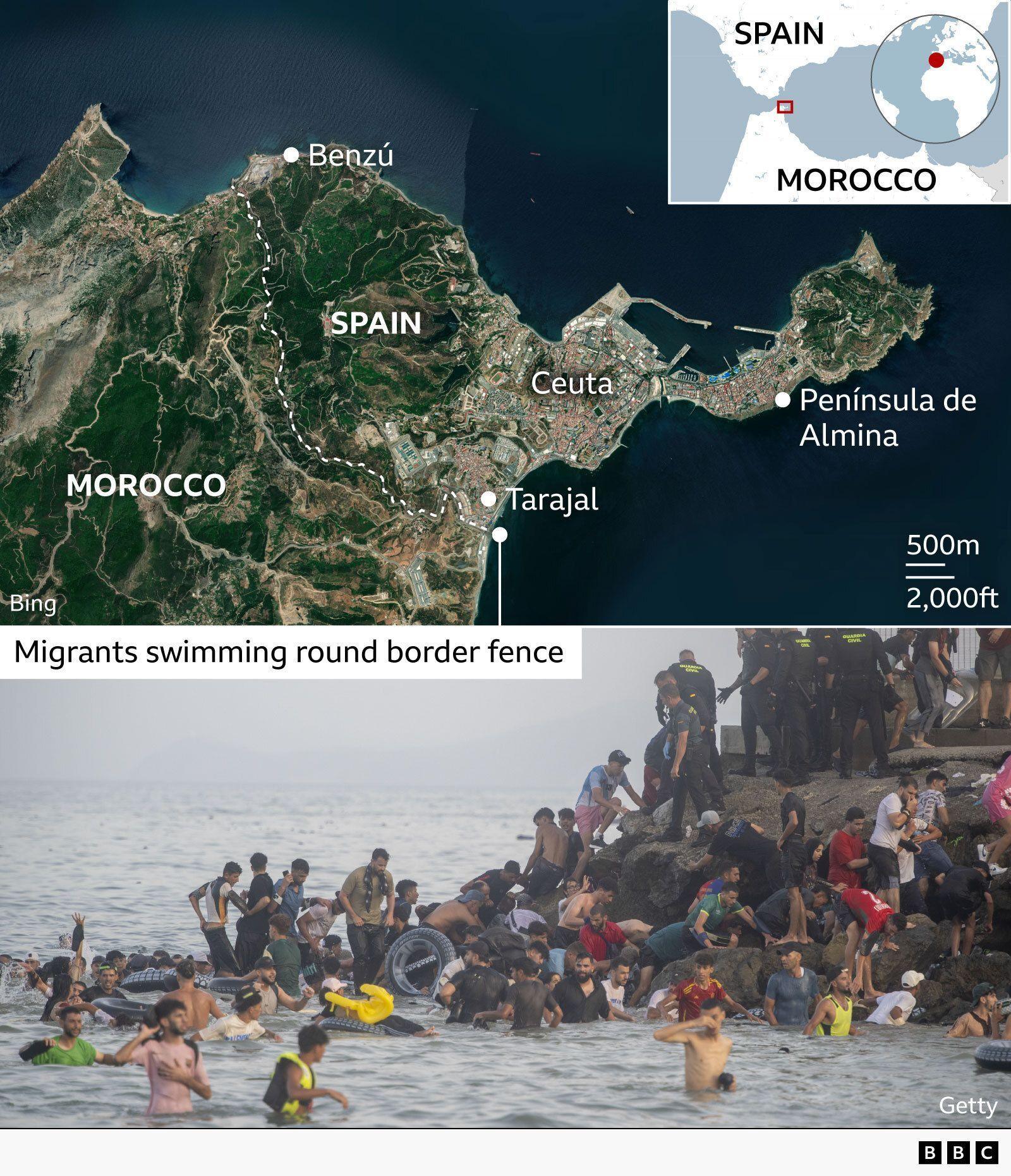 Image caption,The Red Cross distributed food and other aid to the remaining migrants on Monday