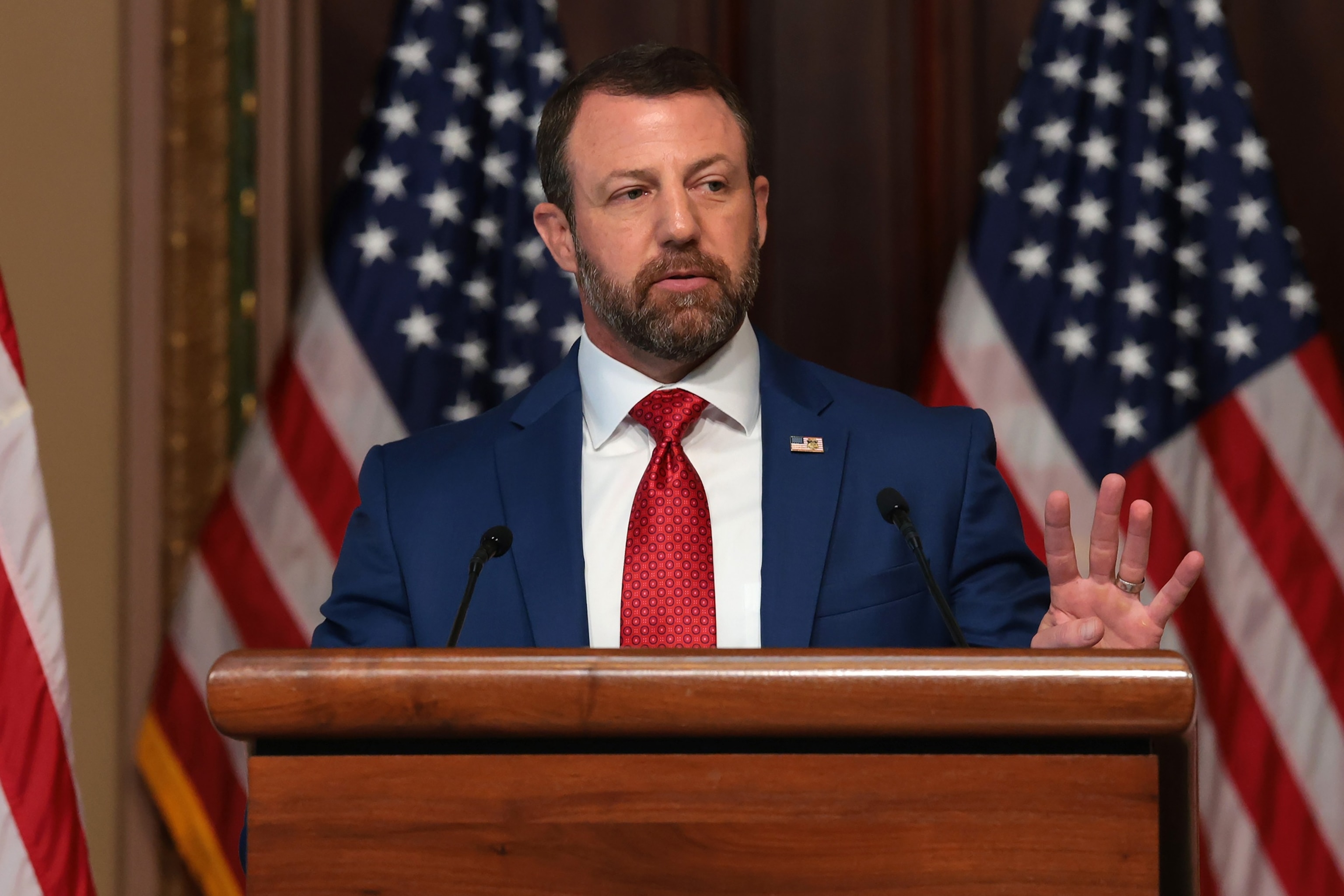 Markwayne Mullin speaks during a news conference in the Eisenhower Executive Office Building on July 17, 2026 in Washington, DC.Anna Moneymaker/Getty Images