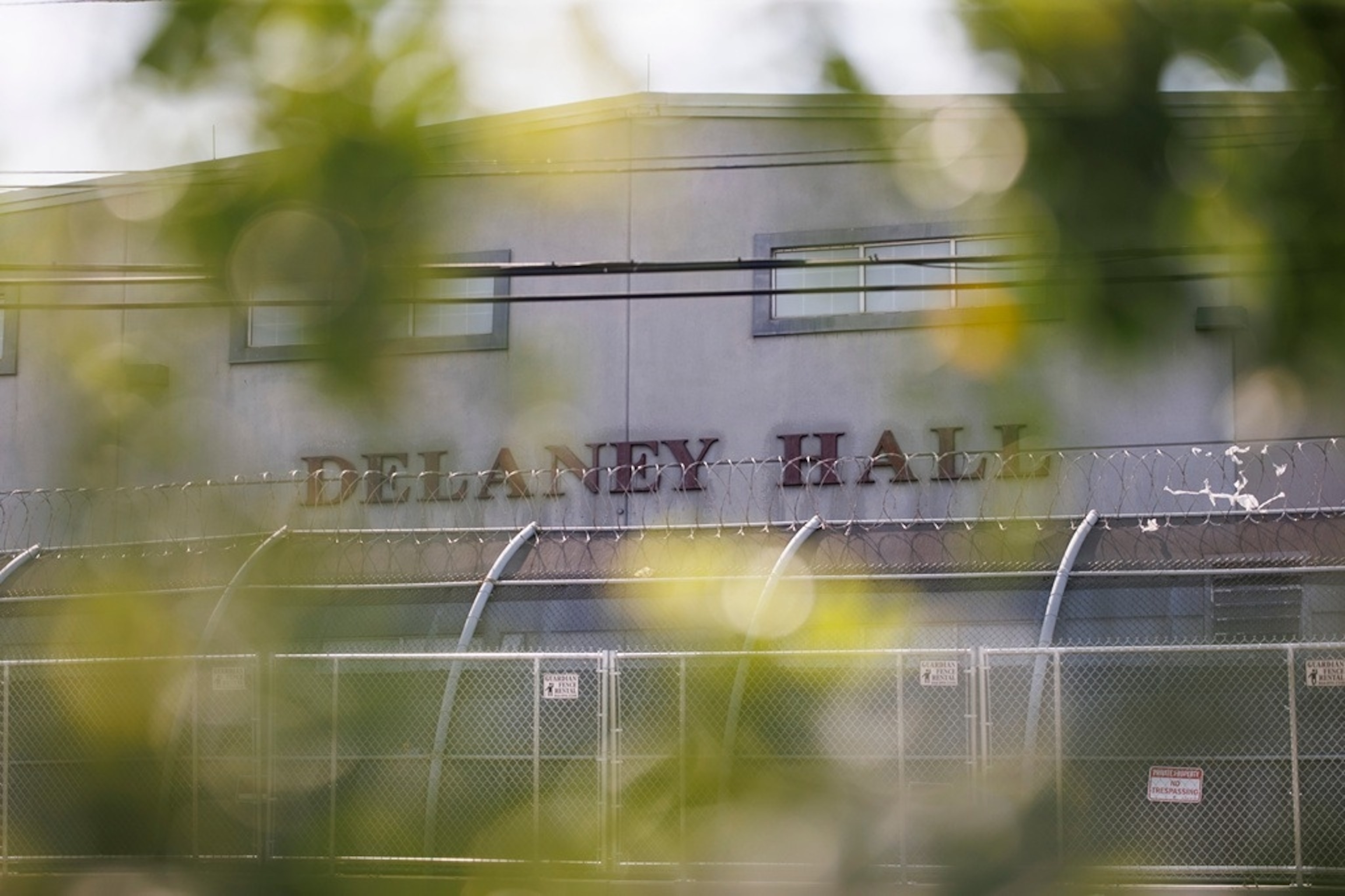 Delaney Hall immigration detention facility is seen in Newark, New Jersey, on June 6, 2026. Protesters gather over conditions inside the facility in support of detainees currently on a hunger strike, as the Mayor of Newark, Ras J. Baraka, has pulled Newark Police away from the area. (Photo by Matthew Hoen/NurPhoto via AP)Matthew Hoen/AP