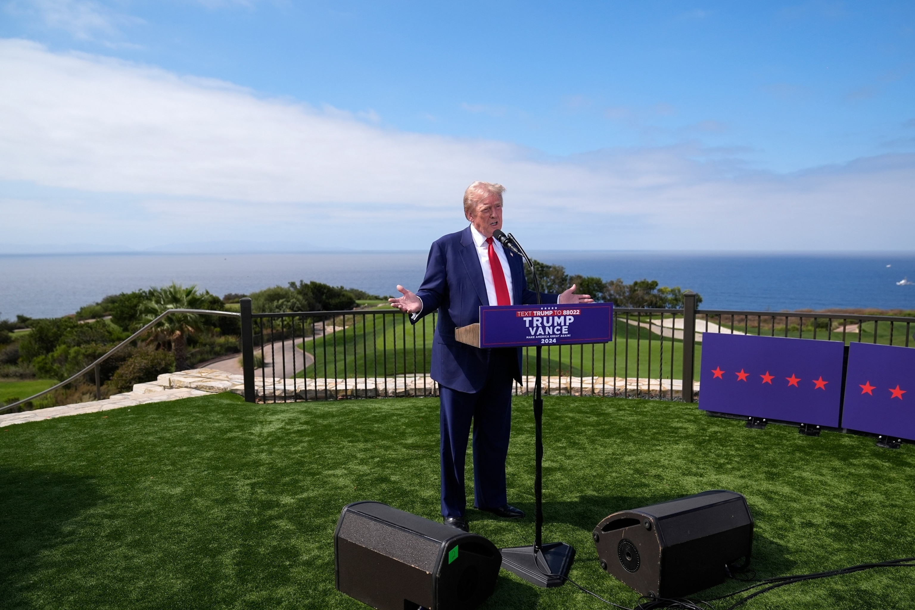 In this Sept. 13, 2024, file photo, Republican presidential nominee former President Donald Trump speaks during a news conference held at Trump National Golf Club Los Angeles in Rancho Palos Verdes, Calif.Jae C. Hong/AP, FILE
